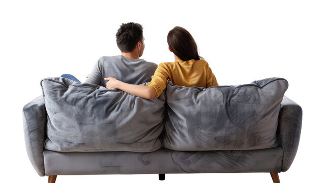 Couple sitting on couch, back view on transparent background