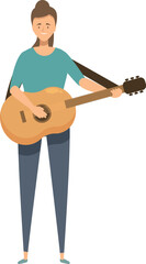 Smiling female musician standing and playing acoustic guitar during a concert