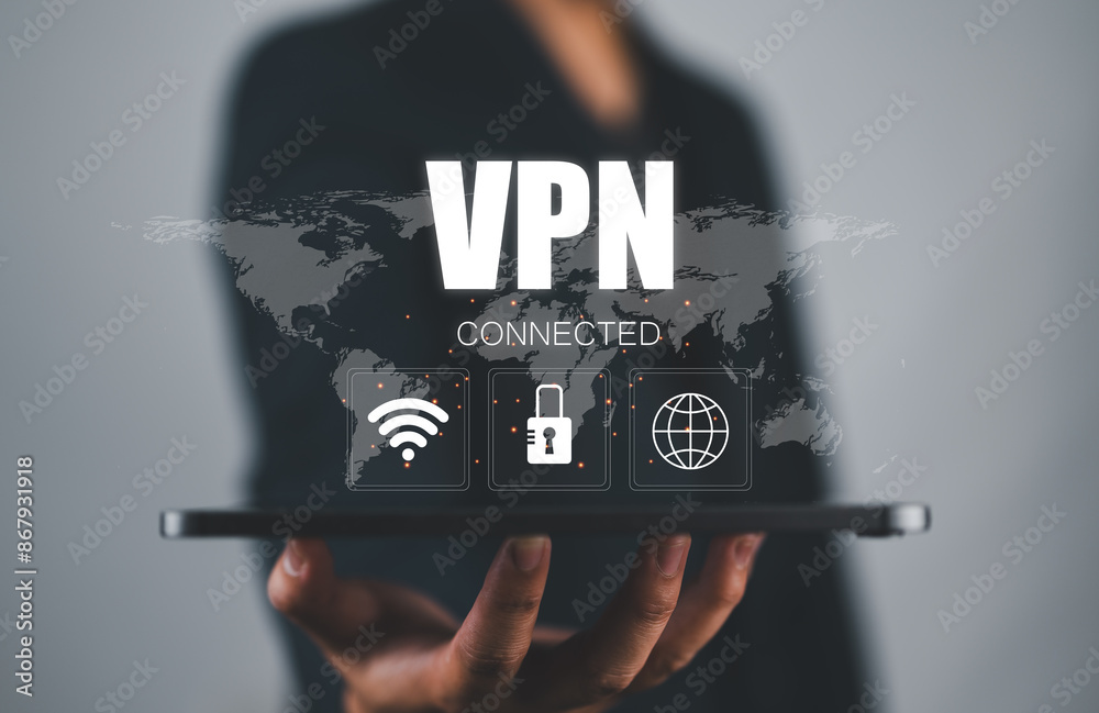 Fototapete VPN Virtual private network concept. Internet security, encrypted connection for anonymous internet user. Person use smartphone with VPN connection on virtual screen.