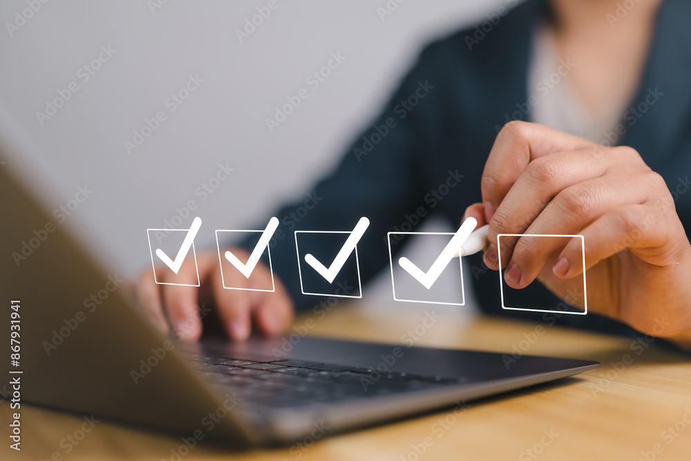 Poster Checklist concept. Businessman using laptop. Checking mark on checkboxes.