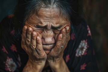 A woman is crying with her hands on her face. She is wearing a black floral dress. Concept of sadness and vulnerability
