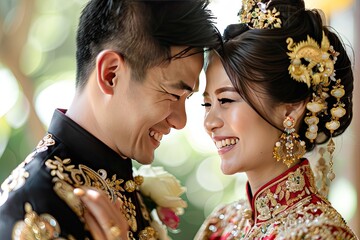 A man and woman are smiling at the camera, with the woman wearing a red and gold dress