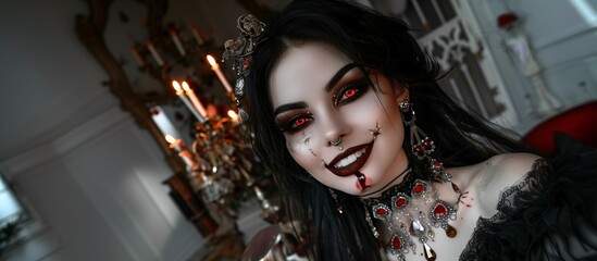 Fototapeta premium Smiling vampire woman, blood drop from lips, elegant dress and jewelry, vintage mansion with furniture and chandeliers, Halloween concept, copy space.