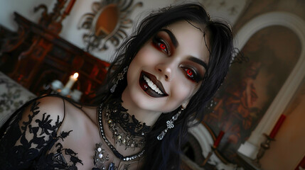 Fototapeta premium Smiling woman dressed as a vampire, elegant dress and jewelry, mansion with vintage furniture and chandeliers, Halloween concept, copy space.
