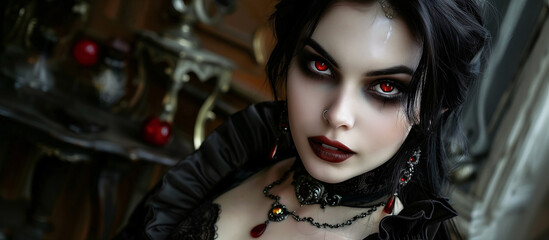 Fototapeta premium Beautiful woman dressed as a vampire, elegant dress and jewelry, mansion with vintage furniture and chandeliers, Halloween concept, copy space.