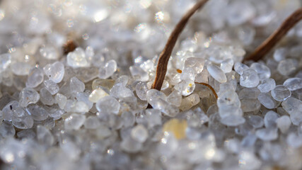 Microphotography, sand grains, close-up, texture, natural pattern, macro lens, microscopy, sunlight.
