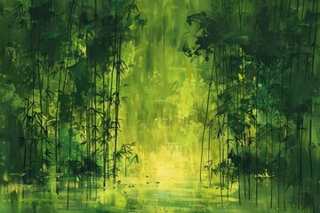 Obraz premium A painting of a lush green forest with a bright yellow sun shining through the trees. The mood of the painting is peaceful and serene, with the bright colors of the sun