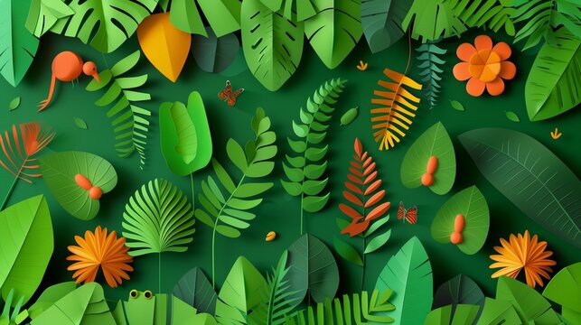 Colorful paper-cut illustration of a tropical jungle scene with lush green foliage and vibrant flowers