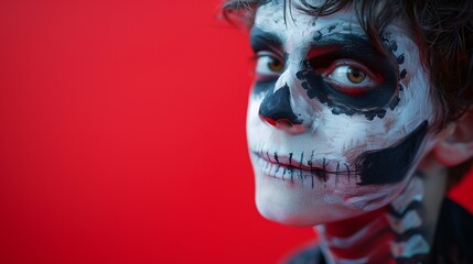  Smiling Child with Face Painted as Skull and Skeleton Costume, Halloween Costume, Solid Red Background with Copy Space.
