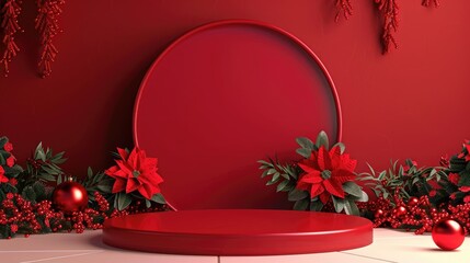 red and gold podium staged setup with floral decorations, perfect for Christmas promotions and celebratory events