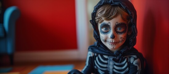 Small Child Smiling with Skull Face Paint and Skeleton Costume, Inside Home, Halloween Costume, Copy Space