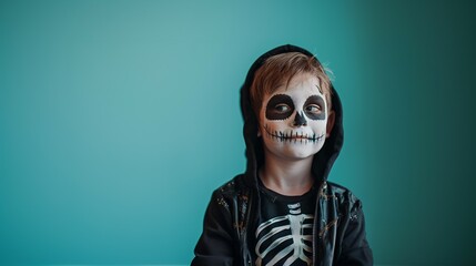 Smiling Child with Face Painted as Skull and Skeleton Costume, Halloween Costume, Solid Green Background with Copy Space