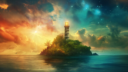 Obraz premium Lighthouse on a magical island, fantasy, vibrant colors
