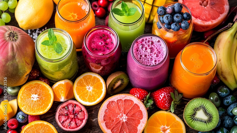 Aufkleber a variety of colorful fruit smoothies and juices are displayed alongside fresh fruit, creating a vib