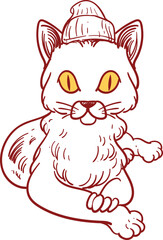 Vintage hand drawn sketch of lay down beanie cat 