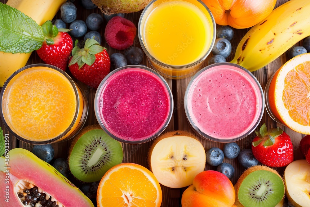Aufkleber four colorful smoothies made with fresh fruits on a wooden table with sliced fruits and berries. gen