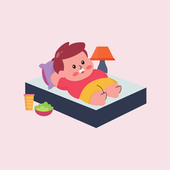 illustration of a fat person who likes to eat and is lazy, preferring to spend time at home