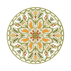Autumn circular ornament, leaves, berries, autumn dream catcher, pattern for background, fabric