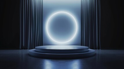 Futuristic dark stage with bright white neon circle, ideal for tech presentations and modern events