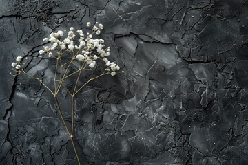A single gypsophila (baby's breath), its delicate white blooms creating a soft, ethereal effect against the charcoal textured backdrop. The image highlights the airy and delicate nature of gypsophila.
