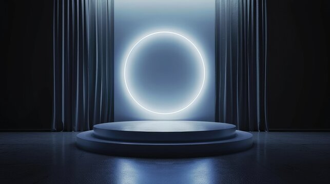 Futuristic dark stage with bright white neon circle, ideal for tech presentations and modern events