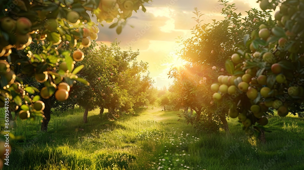 Poster a picturesque view of a lush apple orchard bathed in the warm glow of the setting sun. generative ai