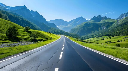 Fototapeta premium Mountain landscape and asphalt highway under a clear blue sky