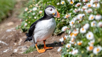 Fototapeta premium A small bird with orange feet stands in a field of flowers. The bird is looking at the camera
