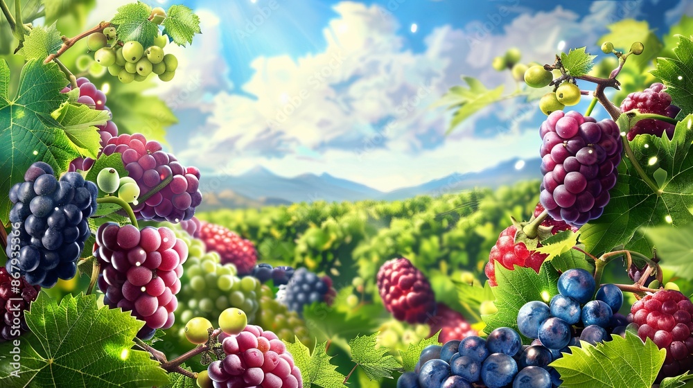 Poster a close-up image of various grapes and berries growing on vines in a lush vineyard under a bright, s