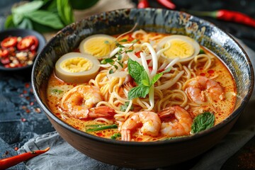 A bowl of soup with shrimp and egg noodles. The soup is red and has a spicy kick to it