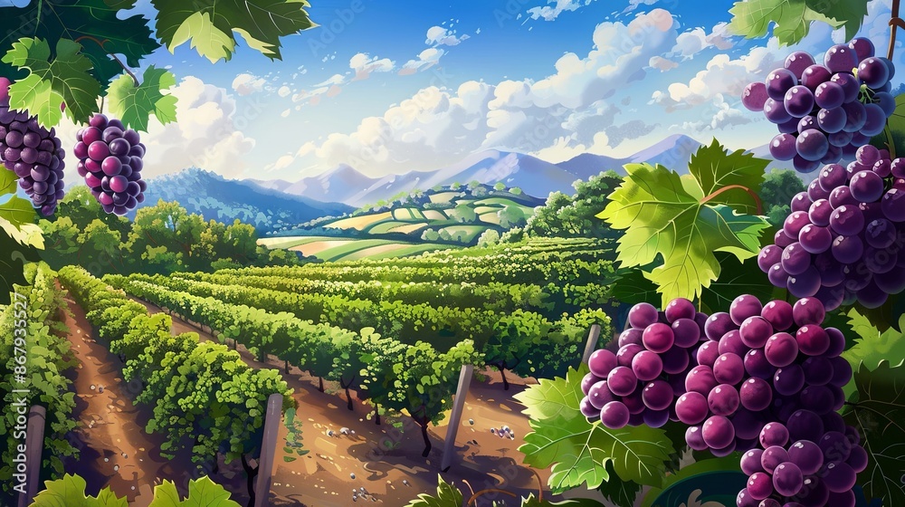 Poster a picturesque vineyard scene with rows of grapevines and ripe grapes on the vine, all under a bright