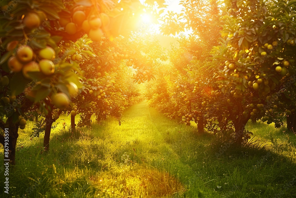 Poster A sunlit path winds through a lush orchard, with golden light streaming through the trees, creating a warm and inviting atmosphere. Generative AI