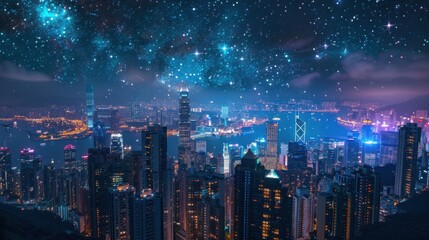 Fototapeta premium A bustling city skyline illuminated by neon lights and a starry sky resembling a galaxy
