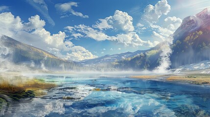 Fototapeta premium A tranquil mountain lake with a misty sky and towering mountains in the background. Generative AI