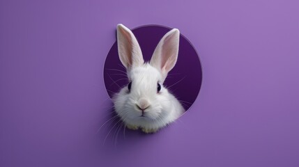 Obraz premium White rabbit peeking through violet hole, studio shot. Animal and playful concept