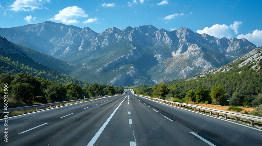 Wall mural Mountain landscape and asphalt highway under a clear blue sky