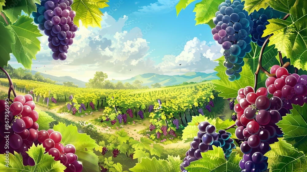 Fototapete a close-up view of ripe grapes hanging from vines in a sunny vineyard. generative ai
