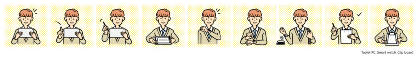 男子高生のイラスト｜タブレット、スマートウォッチ、クリップボード