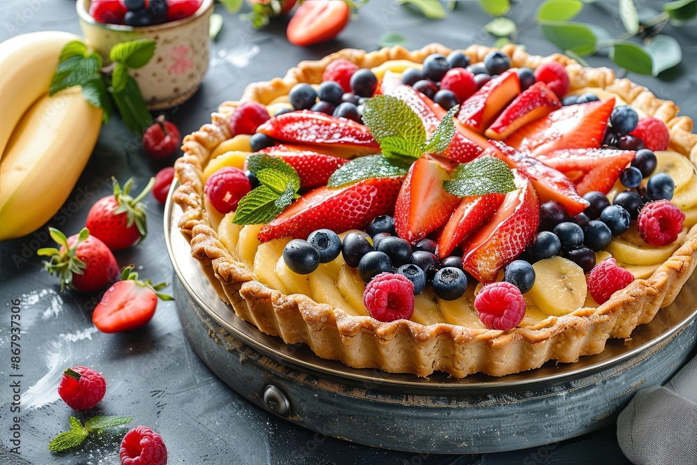 Poster a delicious looking fruit tart with a flaky crust, filled with custard, topped with sliced strawberr