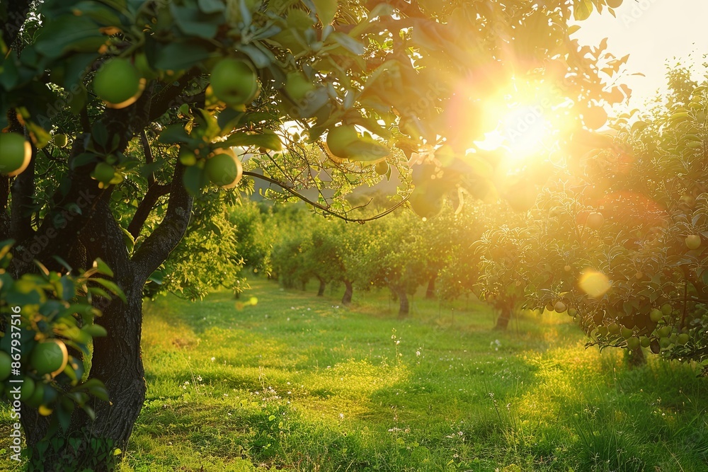 Poster a picturesque orchard with green apples on the trees, bathed in the warm glow of the setting sun. ge