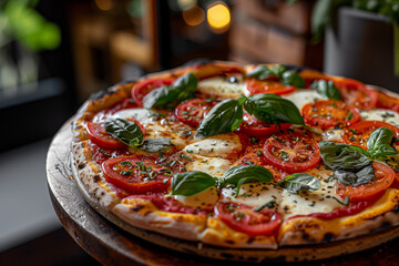 Classic Margherita pizza, thin crispy crust, topped with fresh mozzarella, tomatoes, and basil leaves, warm indoor lighting, rustic Italian pizzeria