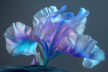 An iris, its petals a mix of blue and purple hues, elegantly displayed against a charcoal background. The image captures the grace and vibrant color of the iris.
