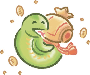 年賀状素材　2025　へび　巳年　巳　蛇　水彩　ゆるかわ　手描き　かわいい　小槌　年賀　イラスト素材