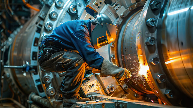 Industrial Worker Welding Metal Equipment in Factory Boilermaker in Protective Gear
