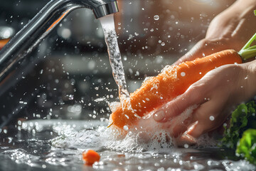Fototapeta premium A person is washing a carrot in a sink. The water is splashing and the carrot is being cleaned