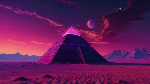 vintage purple retro wave pyramid glowing on a desertic planet created with generative ai