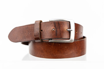 Real natural Leather belt. Leather brown belt on white background, vintage retro leather belt...