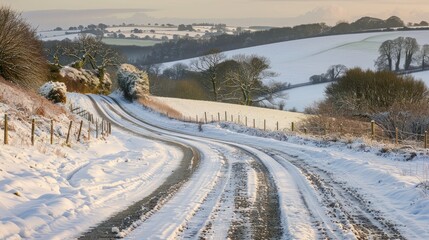 A snow covered road with a fence in the background