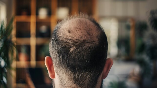 A balding man is seen from behind, facing a room filled with shelves and plants.