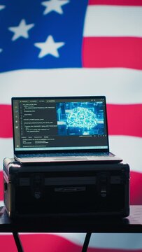 Vertical video American programmer combating enemy bot accounts on social media with AI technology. Technician working for USA CIA agency building artificial intelligence algorithms to detect fake